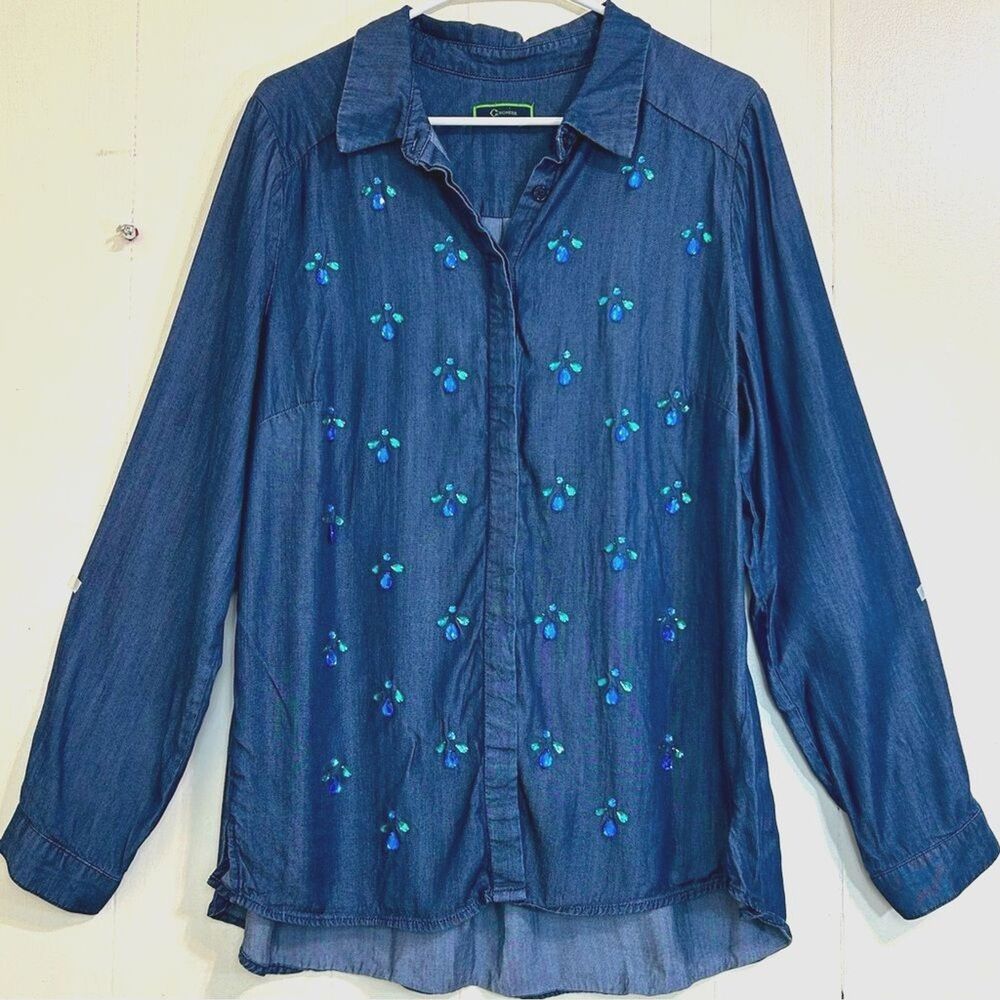 C. Wonder Blue Chambray Shirt Size XL Stones Lyocell Long Sleeve Button Blouse
